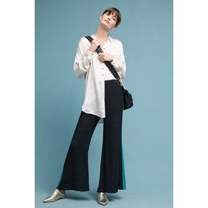 ANTHROPOLOGIE ett twa Women’s HIGH WAISTED FLARE TRACK PANTS BLACK GREEN SIZE 8